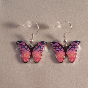 Silver Pink Butterfly Earrings Hypoallergenic Hook